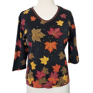Cactus Bay Shirt Top Earthy Leaf Print Rhinestones Women Size XL Cotton Pullover
